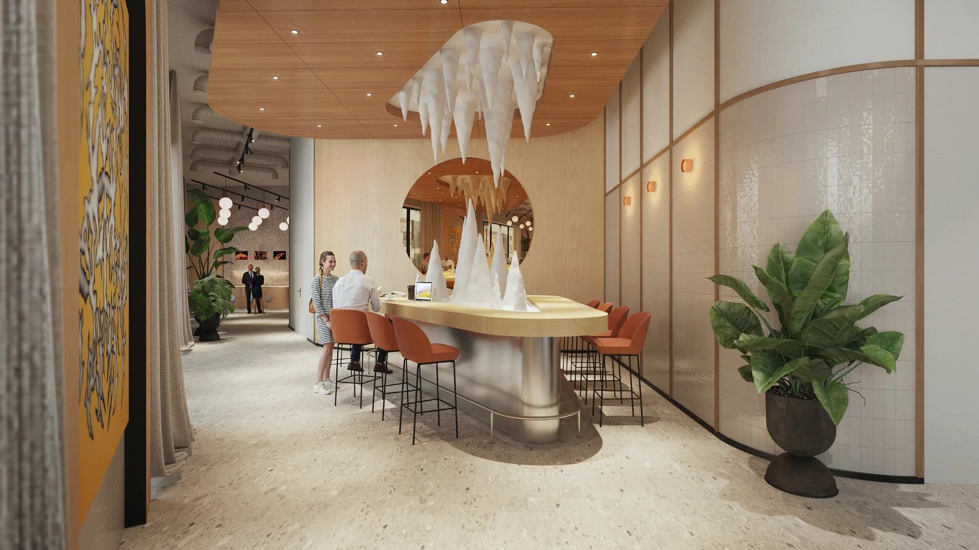 Wizualizacja lobby ING Warszawa z instalacją sufitową