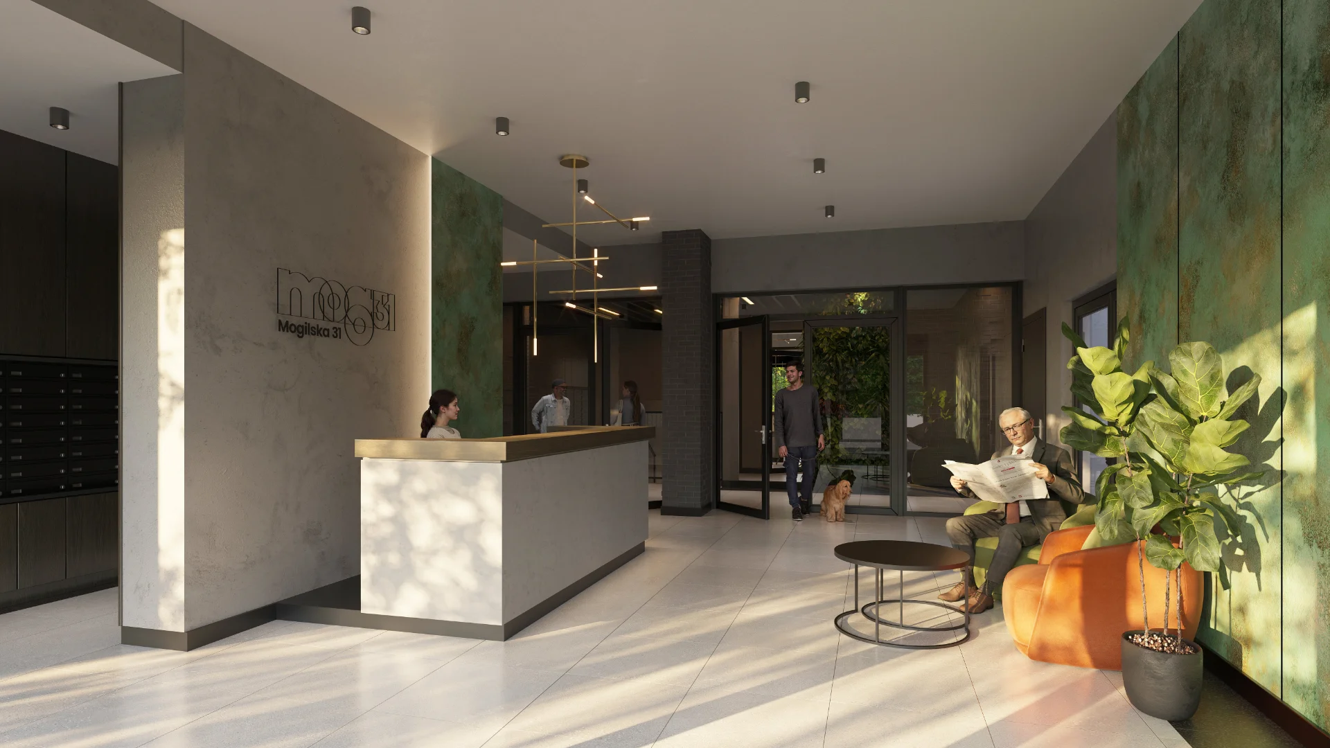Wizualizacja lobby z recepcją w apartamentowcu Mogilska 31: zielona ściana i rośliny