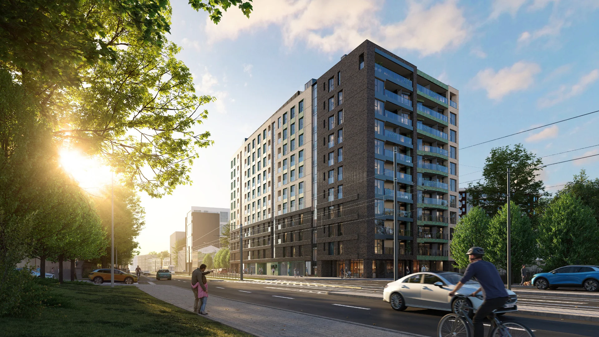 Wizualizacja apartamentowca Mogilska 31 w Krakowie od strony ulicy, w świetle zachodzącego słońca