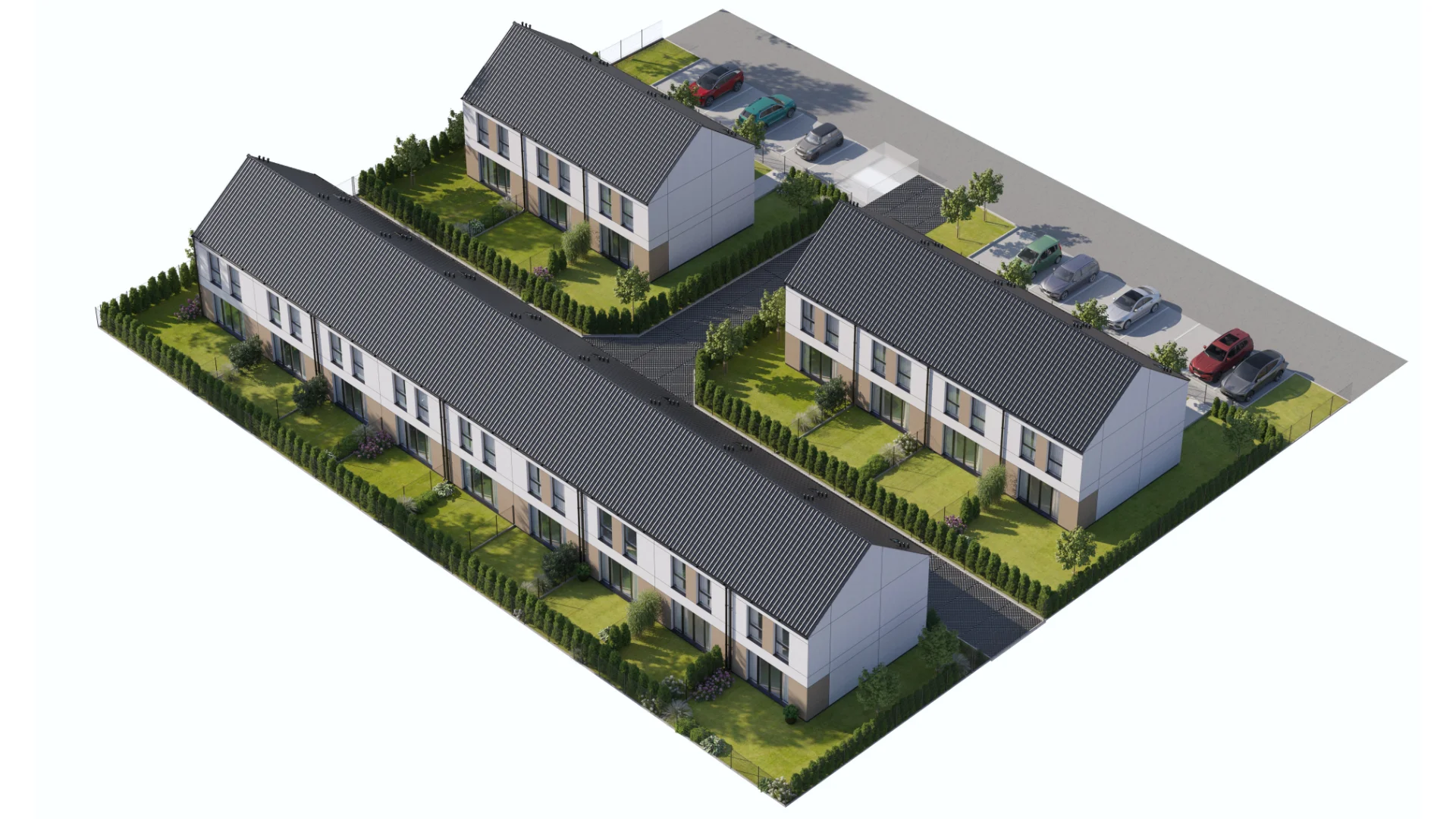 Makieta 3D osiedla Stanovia: zabudowa szeregowa z ogrodami i parkingiem, widok z góry