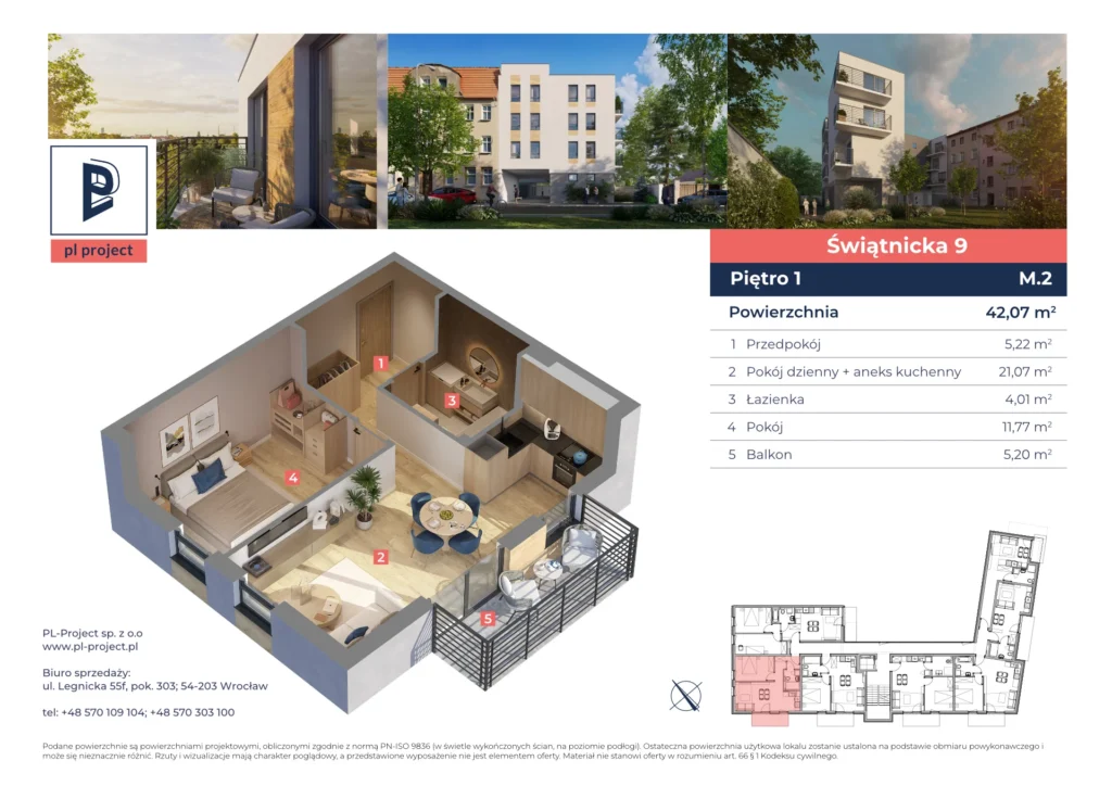 Karta mieszkania z rzutem 3D – mieszkanie dwupokojowe z balkonem, Świątnicka 9 we Wrocławiu